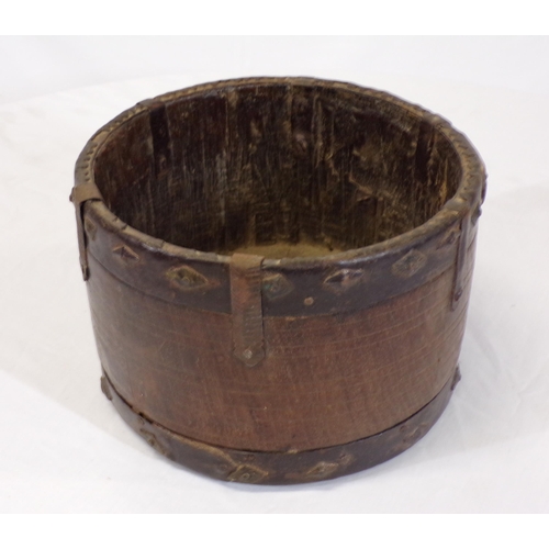 142 - Jacobean style round timber bowl with metal mounts and handle