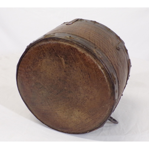 142 - Jacobean style round timber bowl with metal mounts and handle