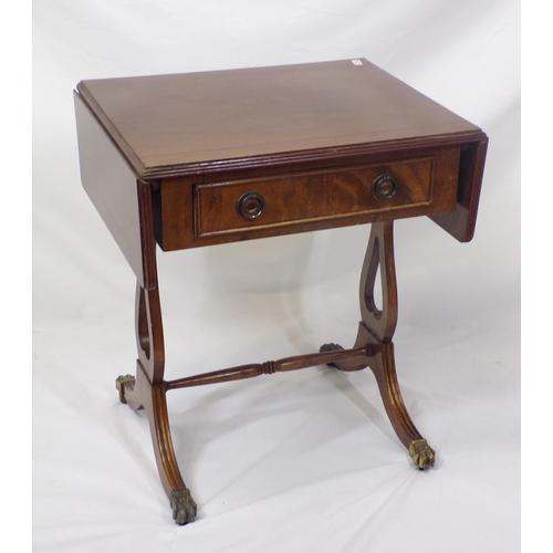 144 - Edwardian style inlaid mahogany occasional drop-leaf table with frieze drawer, pull-out supports, on... 