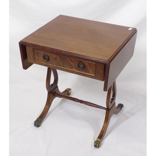 144 - Edwardian style inlaid mahogany occasional drop-leaf table with frieze drawer, pull-out supports, on... 