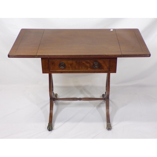 144 - Edwardian style inlaid mahogany occasional drop-leaf table with frieze drawer, pull-out supports, on... 