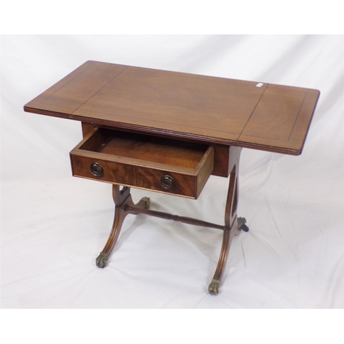 144 - Edwardian style inlaid mahogany occasional drop-leaf table with frieze drawer, pull-out supports, on... 