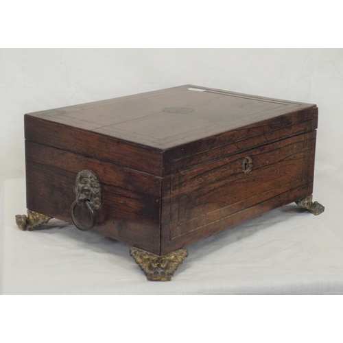 154 - Edwardian inlaid rosewood stationery or jewellery box with brass inset handles and feet