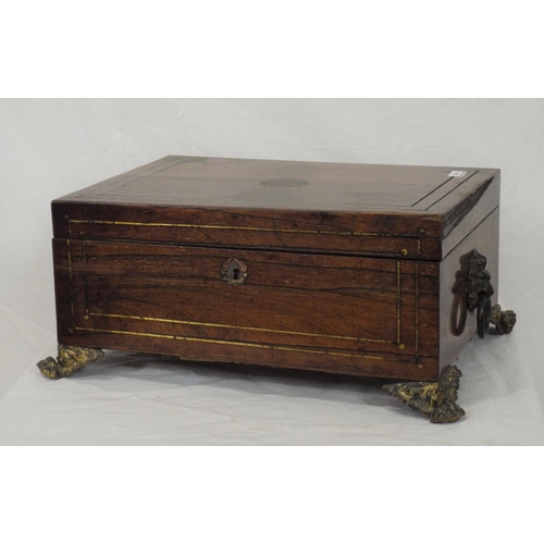 154 - Edwardian inlaid rosewood stationery or jewellery box with brass inset handles and feet