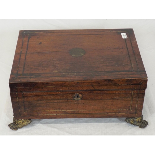 154 - Edwardian inlaid rosewood stationery or jewellery box with brass inset handles and feet