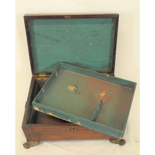 154 - Edwardian inlaid rosewood stationery or jewellery box with brass inset handles and feet