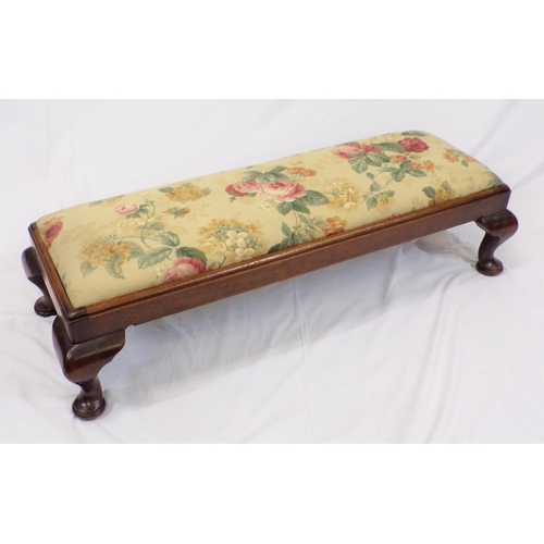 166 - Victorian mahogany oblong footstool with foliate upholstery and cabriole legs with pad feet