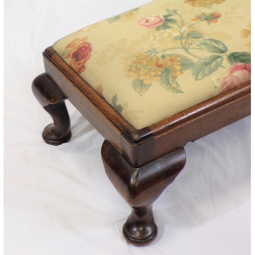 166 - Victorian mahogany oblong footstool with foliate upholstery and cabriole legs with pad feet