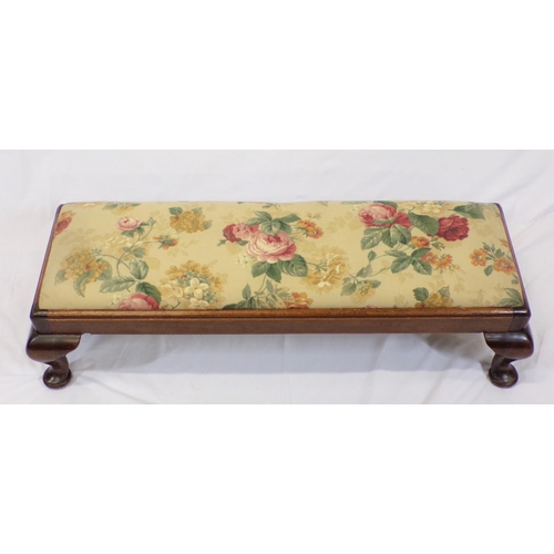 166 - Victorian mahogany oblong footstool with foliate upholstery and cabriole legs with pad feet