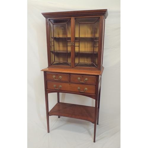 175 - Edwardian small mahogany bookcase with dentil frieze, astragal glazed doors with shelved interior, f... 