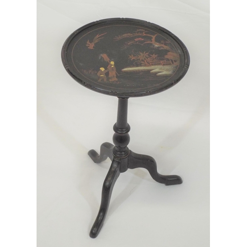 183 - Oriental round ebonised lamp or wine table with scenic decoration