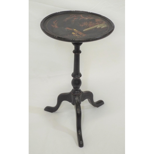 183 - Oriental round ebonised lamp or wine table with scenic decoration