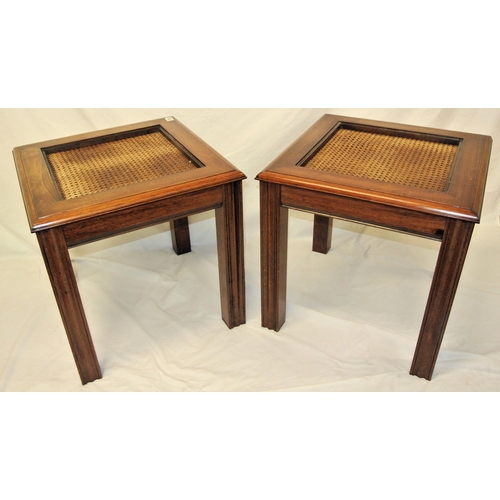 186 - Pair of Edwardian square occasional or lamp tables with glass insets, on square shaped legs