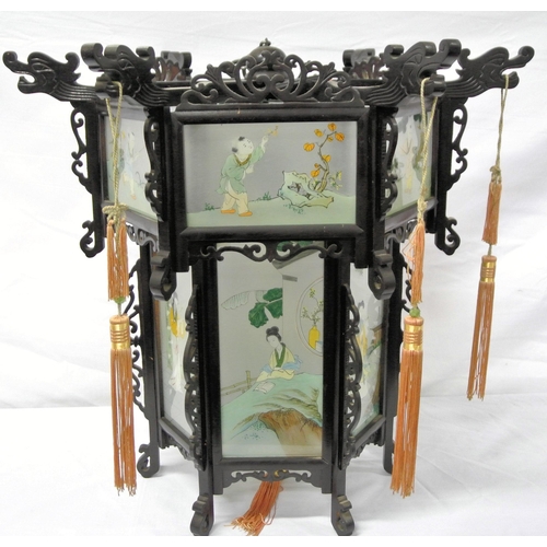 188 - Asian hexagonal carved timber framed hanging hall light, inset hand painted panels decorated with fi... 