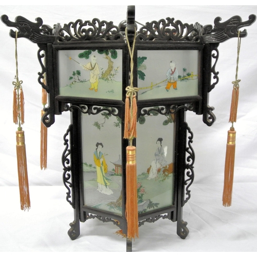 188 - Asian hexagonal carved timber framed hanging hall light, inset hand painted panels decorated with fi... 