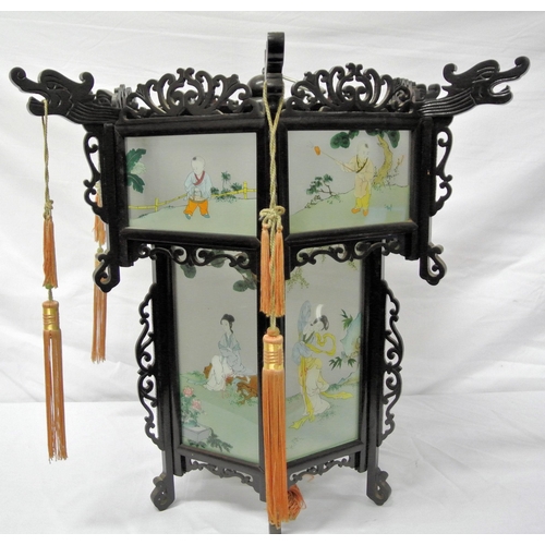 188 - Asian hexagonal carved timber framed hanging hall light, inset hand painted panels decorated with fi... 