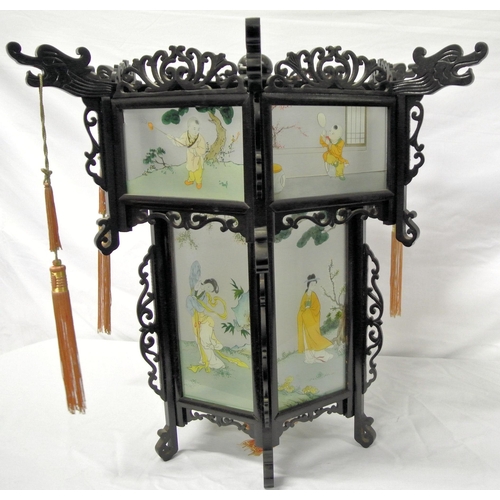 188 - Asian hexagonal carved timber framed hanging hall light, inset hand painted panels decorated with fi... 