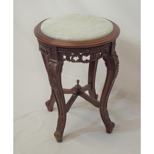 191 - Edwardian style round lamp or occasional table with marble top, ornate foliate carving, on shaped le... 