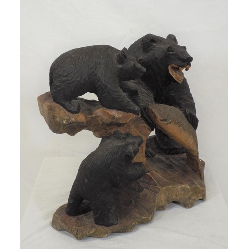 192 - Austrian carved timber group of bears with fish, on shaped base