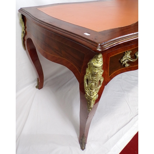 200 - Louis XV style mahogany bureau plat desk with serpentine sides, leatherette inset, 3 shaped frieze d... 