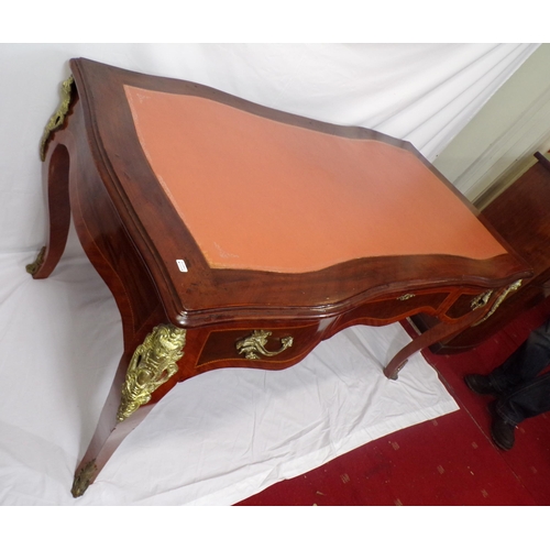 200 - Louis XV style mahogany bureau plat desk with serpentine sides, leatherette inset, 3 shaped frieze d... 