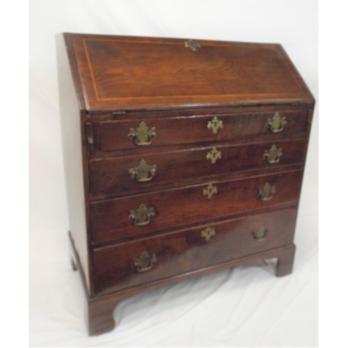 205 - Georgian inlaid walnut bureau with drop-down front, pullout supports, fitted interior, four drawers ... 