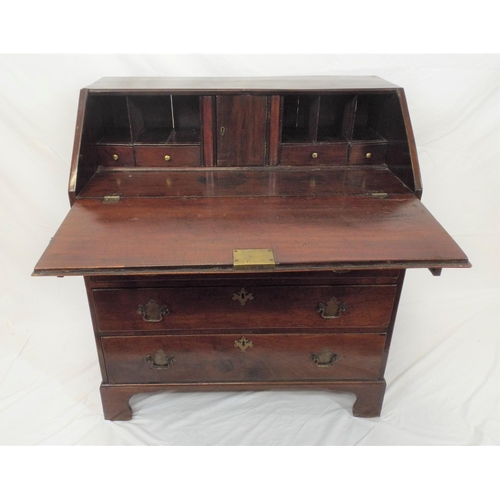 205 - Georgian inlaid walnut bureau with drop-down front, pullout supports, fitted interior, four drawers ... 