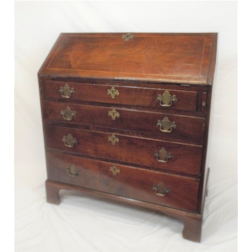 205 - Georgian inlaid walnut bureau with drop-down front, pullout supports, fitted interior, four drawers ... 