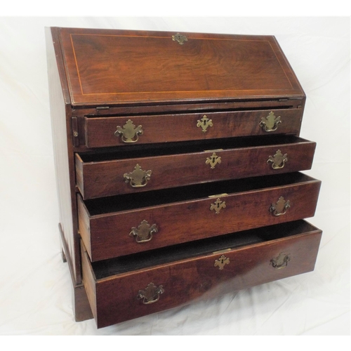 205 - Georgian inlaid walnut bureau with drop-down front, pullout supports, fitted interior, four drawers ... 