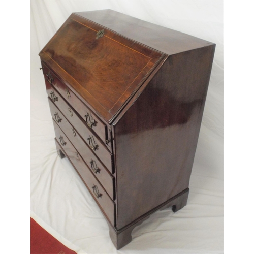 205 - Georgian inlaid walnut bureau with drop-down front, pullout supports, fitted interior, four drawers ... 