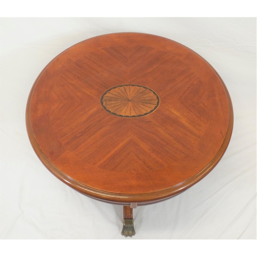 206 - Edwardian design round inlaid mahogany occasional table with shell decoration, turned column, on hip... 