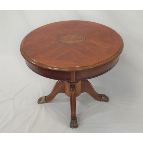 206 - Edwardian design round inlaid mahogany occasional table with shell decoration, turned column, on hip... 