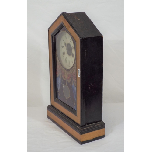 208 - Edwardian style mantle clock with angled top, round enamel dial, painted glazed door, on plinth