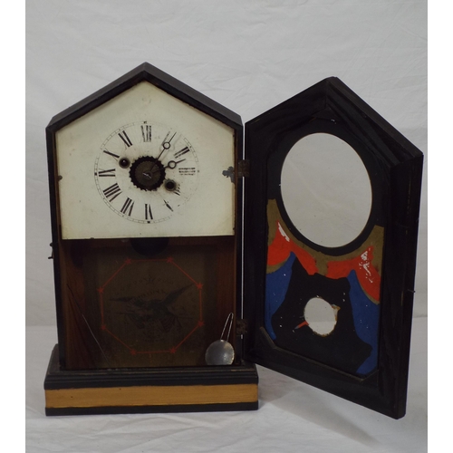 208 - Edwardian style mantle clock with angled top, round enamel dial, painted glazed door, on plinth