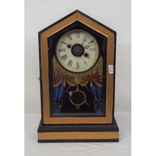 208 - Edwardian style mantle clock with angled top, round enamel dial, painted glazed door, on plinth