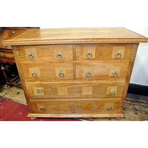 215 - Continental style chest of 4 short and 1 long  drawer with ornate brass drop handles and star backpl... 