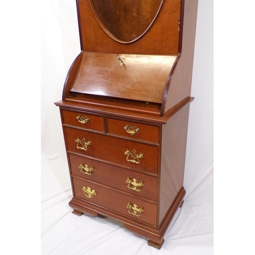 220 - Edwardian style mahogany slim bureau bookcase with swan arch pediment, oval glazed door with shelved... 