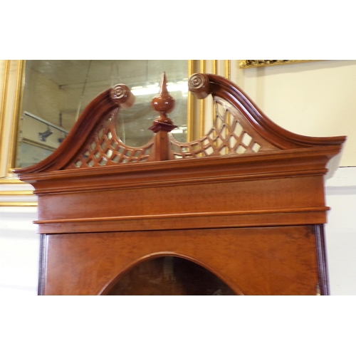 220 - Edwardian style mahogany slim bureau bookcase with swan arch pediment, oval glazed door with shelved... 