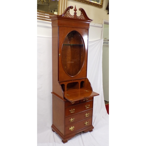 220 - Edwardian style mahogany slim bureau bookcase with swan arch pediment, oval glazed door with shelved... 