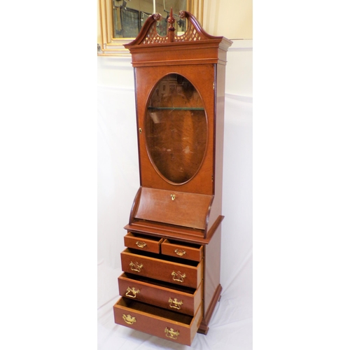 220 - Edwardian style mahogany slim bureau bookcase with swan arch pediment, oval glazed door with shelved... 