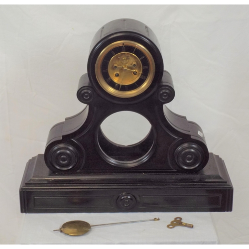 221 - French style slate mantle clock with round brass framed dial and pendulum on oblong base