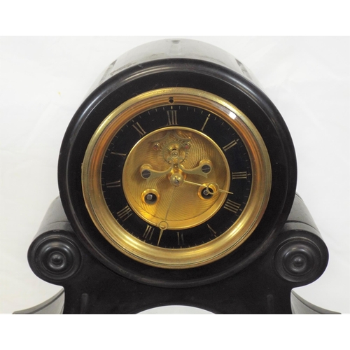 221 - French style slate mantle clock with round brass framed dial and pendulum on oblong base