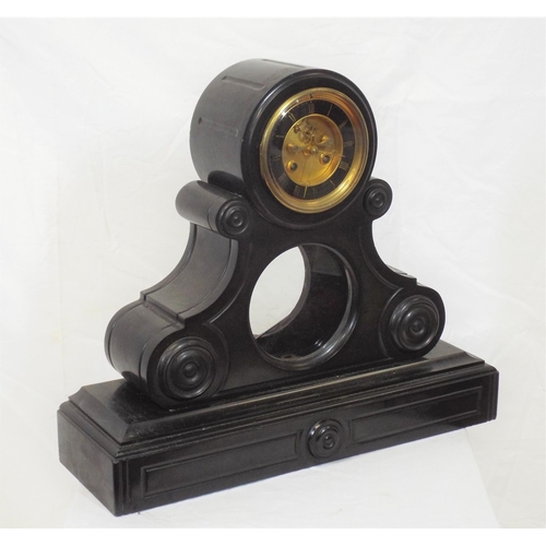 221 - French style slate mantle clock with round brass framed dial and pendulum on oblong base