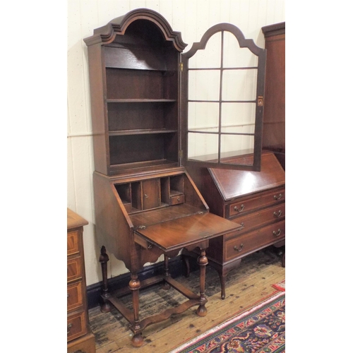 225 - Edwardian mahogany dome topped bureau bookcase with astragal glazed door, shelved interior, bureau w... 