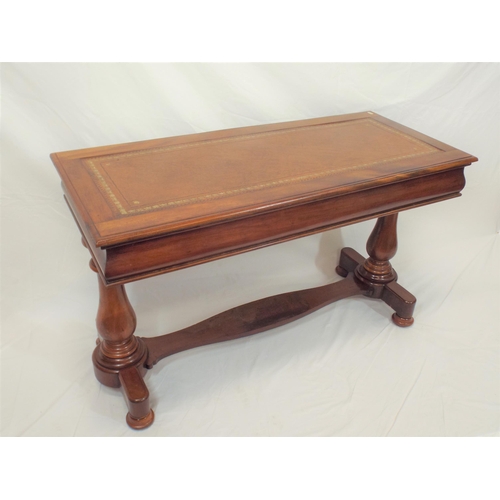 226 - Edwardian mahogany oblong library or hall table with leatherette inset, wavy frieze, on baluster tur... 