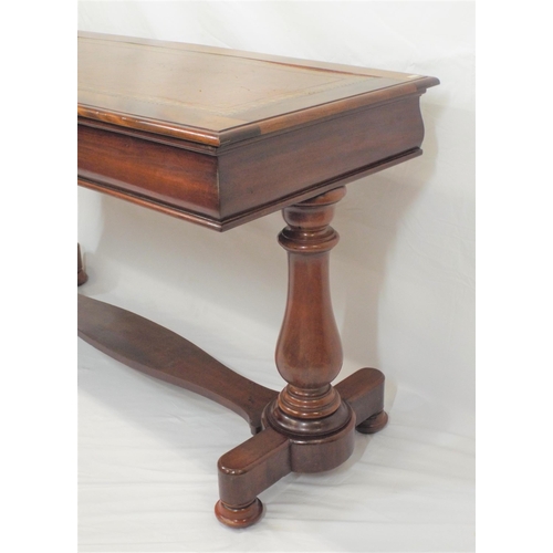 226 - Edwardian mahogany oblong library or hall table with leatherette inset, wavy frieze, on baluster tur... 