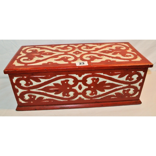 23 - Painted timber jewellery or stage box with lid and ornate carved decoration