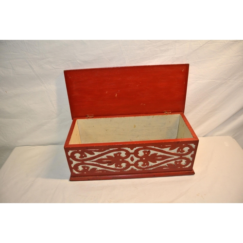 23 - Painted timber jewellery or stage box with lid and ornate carved decoration