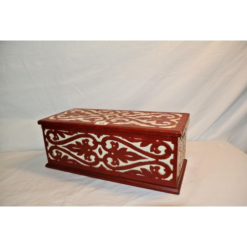 23 - Painted timber jewellery or stage box with lid and ornate carved decoration