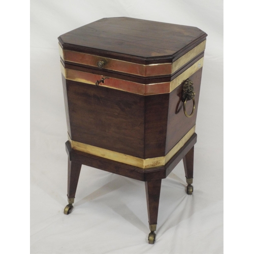 230 - Georgian mahogany hexagonal shaped cellarette or wine cooler with brass banding, round handle, lined... 